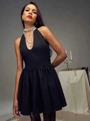 TypaGal Solid Plunge Ruffle Halter Neck Mini Dress