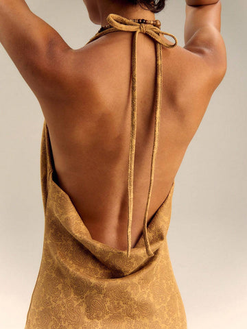 TypaGal Suede Paisley Print O Ring Detail Cowl Neck Halter Mini Dress