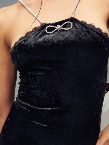 TypaGal Velvet Bow Front Lace Detail Diamante Strap Mini Dress