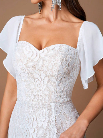 UNITHORSE 1pc Shoulder-Bare Ruffle Sleeve Waist Cinching Slit Simple Lace Wedding Dress Gown