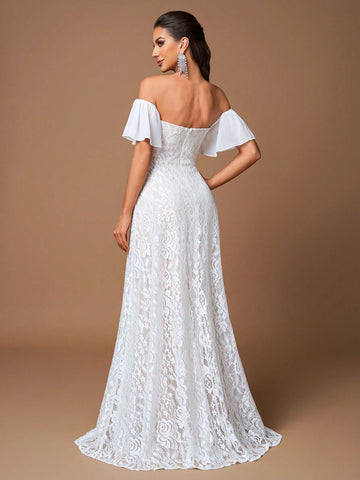 UNITHORSE 1pc Shoulder-Bare Ruffle Sleeve Waist Cinching Slit Simple Lace Wedding Dress Gown