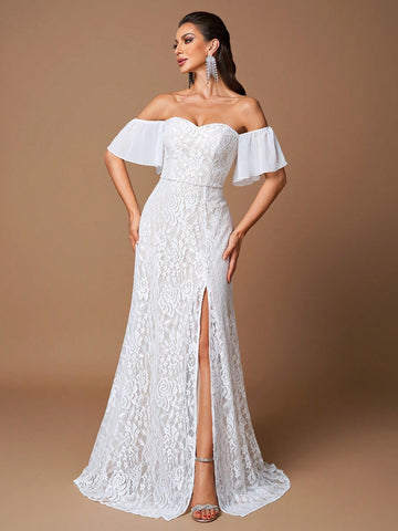 UNITHORSE 1pc Shoulder-Bare Ruffle Sleeve Waist Cinching Slit Simple Lace Wedding Dress Gown