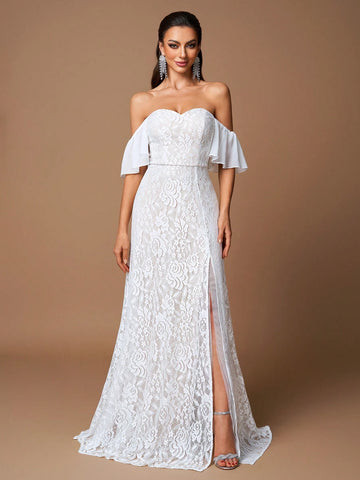 UNITHORSE 1pc Shoulder-Bare Ruffle Sleeve Waist Cinching Slit Simple Lace Wedding Dress Gown