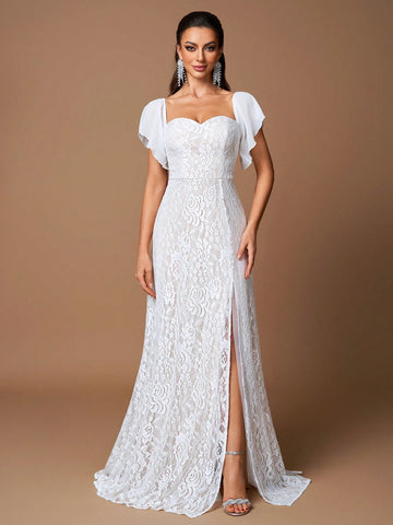 UNITHORSE 1pc Shoulder-Bare Ruffle Sleeve Waist Cinching Slit Simple Lace Wedding Dress Gown