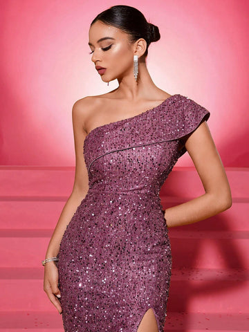 UNITHORSE Asymmetric Neck Ruffled Sleeve Sequin Detail Slit Elegant Party Dress