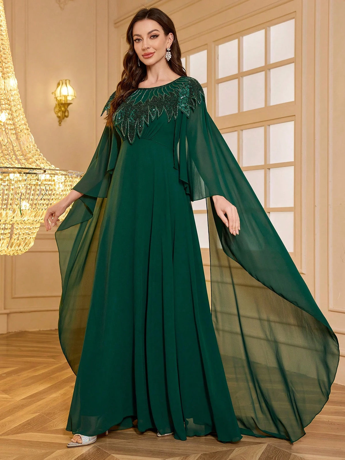 UNITHORSE Chiffon Round Neck Sequined & Beaded Asymmetrical Floral Embroidered Sleeves Elegant Dress
