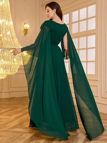 UNITHORSE Chiffon Round Neck Sequined & Beaded Asymmetrical Floral Embroidered Sleeves Elegant Dress