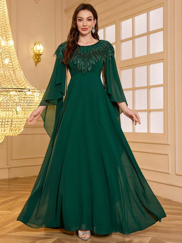 UNITHORSE Chiffon Round Neck Sequined & Beaded Asymmetrical Floral Embroidered Sleeves Elegant Dress