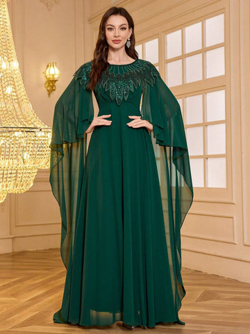 UNITHORSE Chiffon Round Neck Sequined & Beaded Asymmetrical Floral Embroidered Sleeves Elegant Dress