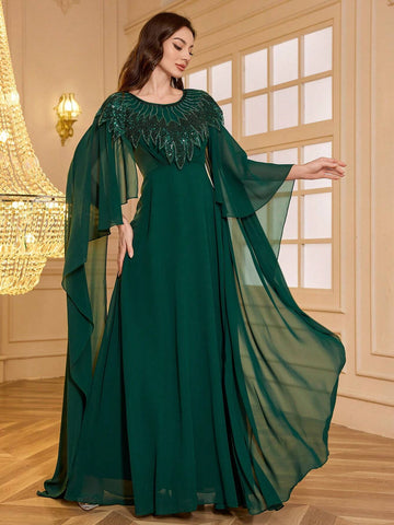 UNITHORSE Chiffon Round Neck Sequined & Beaded Asymmetrical Floral Embroidered Sleeves Elegant Dress
