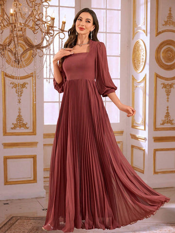 UNITHORSE Women Square Neck Pleated Lantern Sleeve Long Chiffon Dress