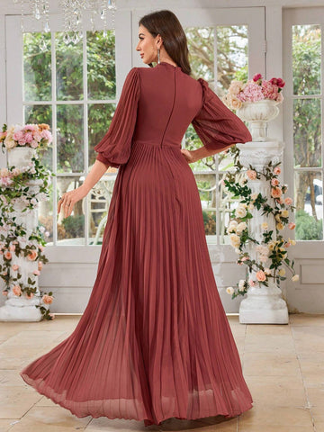 UNITHORSE Women Square Neck Pleated Lantern Sleeve Long Chiffon Dress