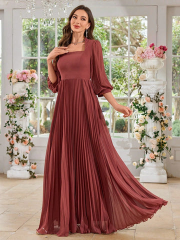 UNITHORSE Women Square Neck Pleated Lantern Sleeve Long Chiffon Dress