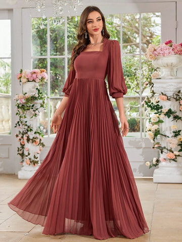 UNITHORSE Women Square Neck Pleated Lantern Sleeve Long Chiffon Dress
