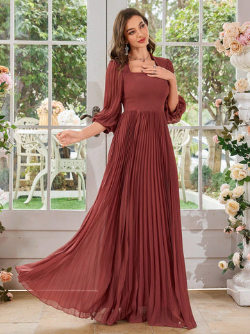 UNITHORSE Women Square Neck Pleated Lantern Sleeve Long Chiffon Dress