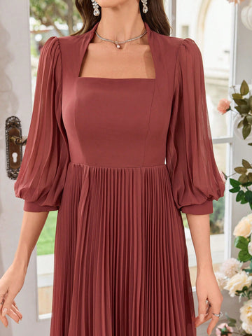 UNITHORSE Women Square Neck Pleated Lantern Sleeve Long Chiffon Dress