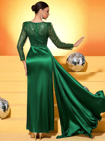 UNITHORSE Women's Sequin Puff Sleeve Crepe Fabric Ruched Waist Flowy Maxi Formal Evening Dress