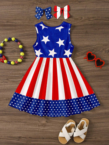 USA Independence Day Young Girl's Casual American Flag Stars & Stripes Sleeveless Midi Dress, Memorial Day & 4th Of July Outfits, Suitable For Summer