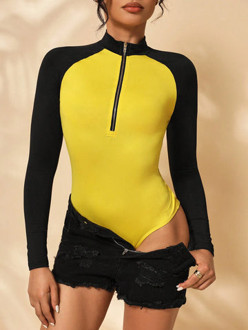 Unchangeable Casual Colorblock Long Sleeve Zipper Slim Fit Bodysuit