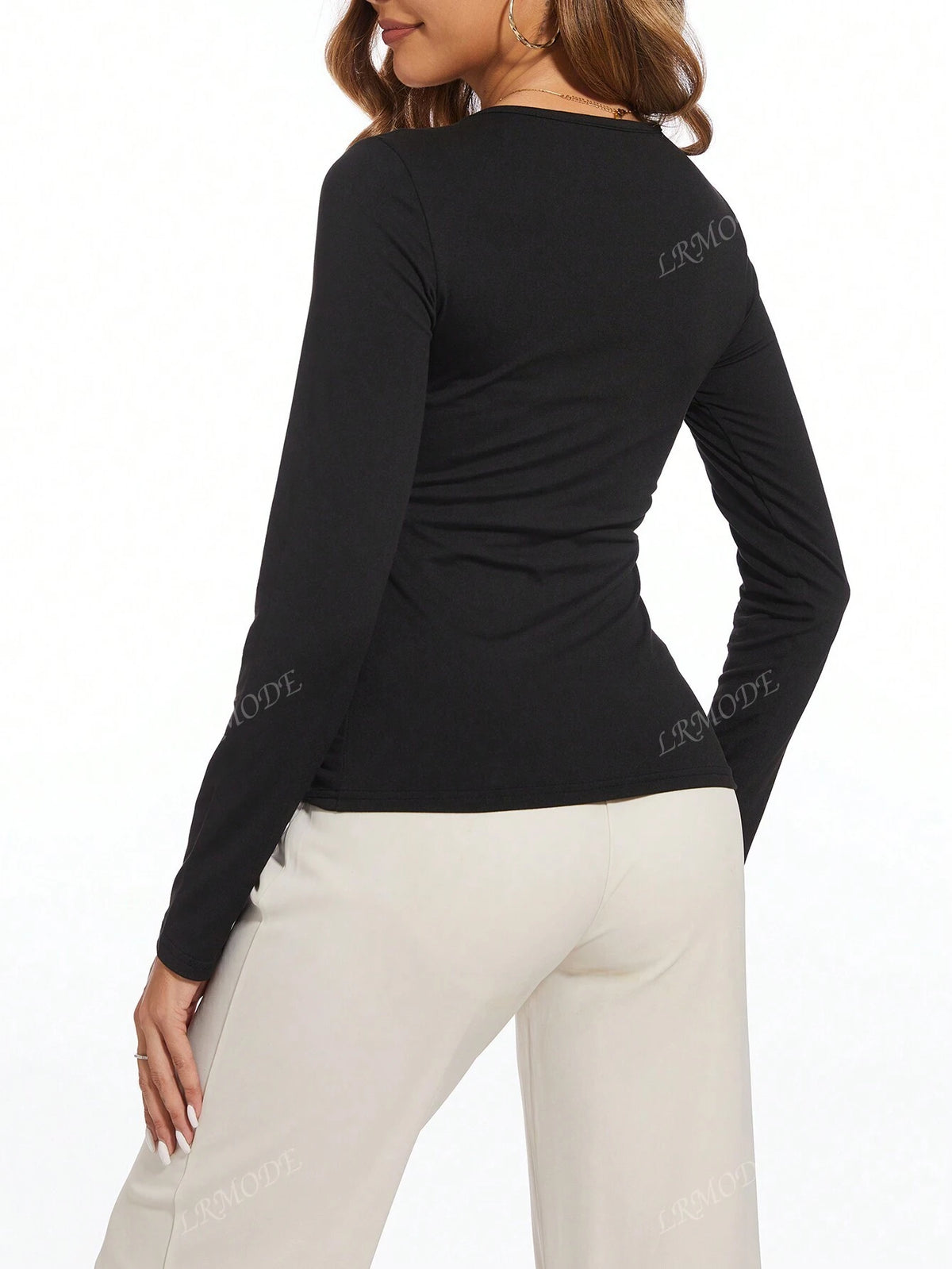 Black White Patchwork Twist T-Shirt, Long Sleeve Elegant Ladies Blouse