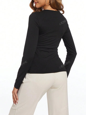 Black White Patchwork Twist T-Shirt, Long Sleeve Elegant Ladies Blouse