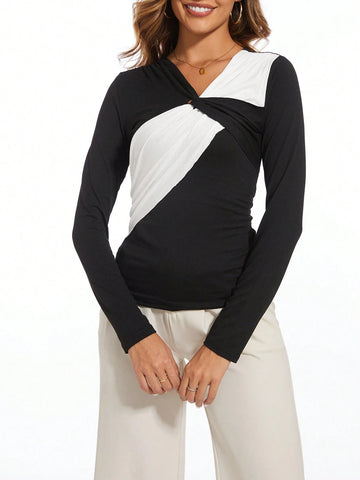 Black White Patchwork Twist T-Shirt, Long Sleeve Elegant Ladies Blouse