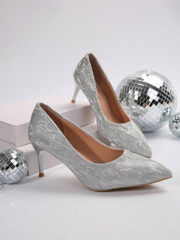 Upgraded Women Pointed Toe Silver Glitter Fashion Stiletto High Heels - Stable Heel For Safer Wear