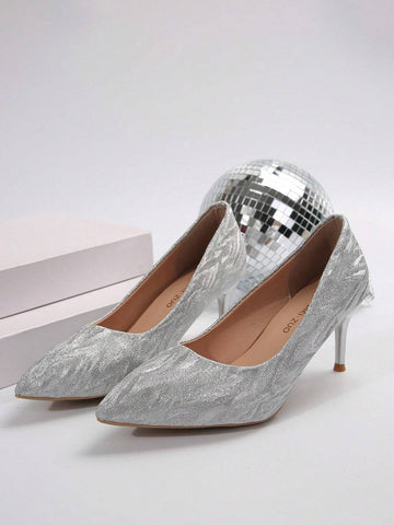 Upgraded Women Pointed Toe Silver Glitter Fashion Stiletto High Heels - Stable Heel For Safer Wear