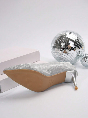 Upgraded Women Pointed Toe Silver Glitter Fashion Stiletto High Heels - Stable Heel For Safer Wear