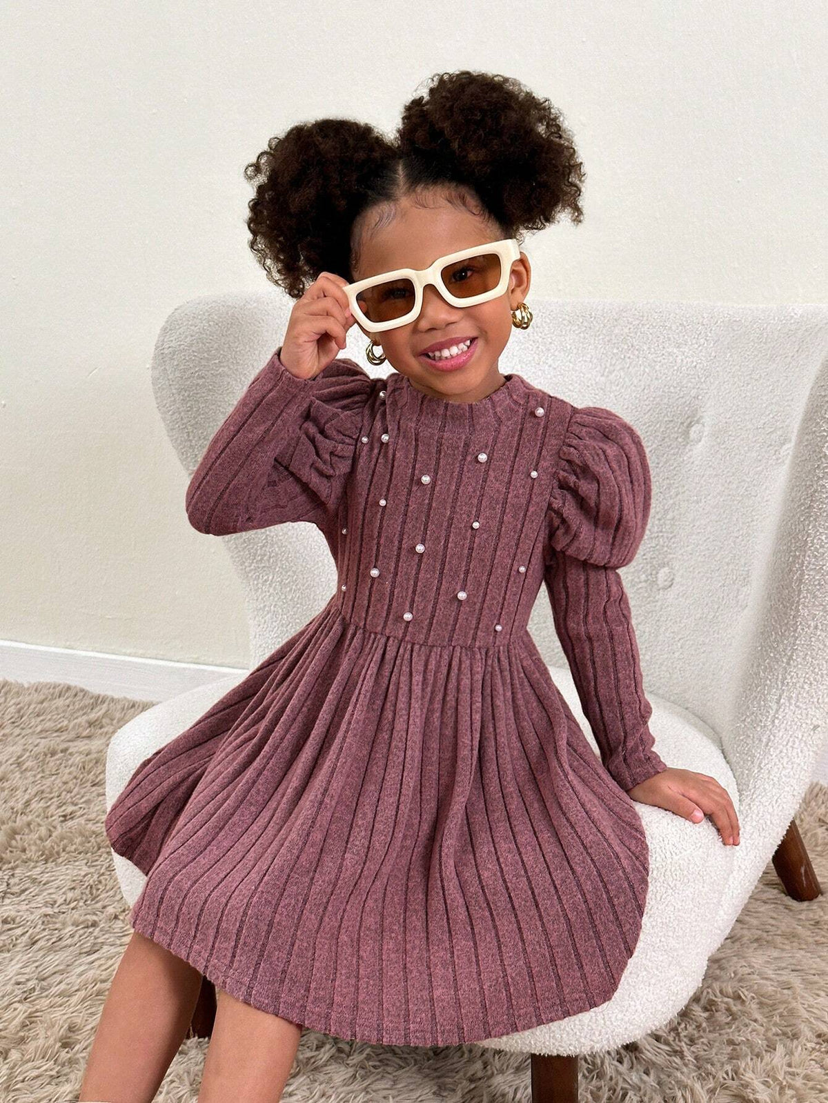 Urban Fashion Plain Color Fuzzy Knit Long Sleeve Dress For Young Girls