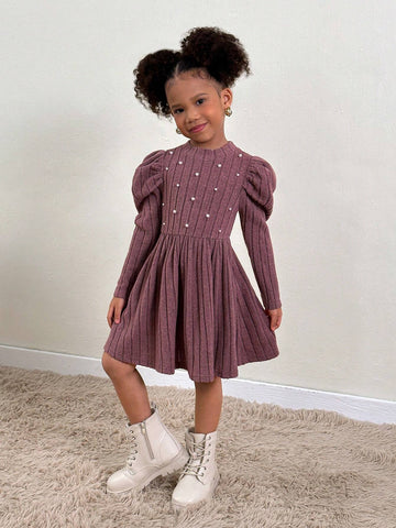 Urban Fashion Plain Color Fuzzy Knit Long Sleeve Dress For Young Girls
