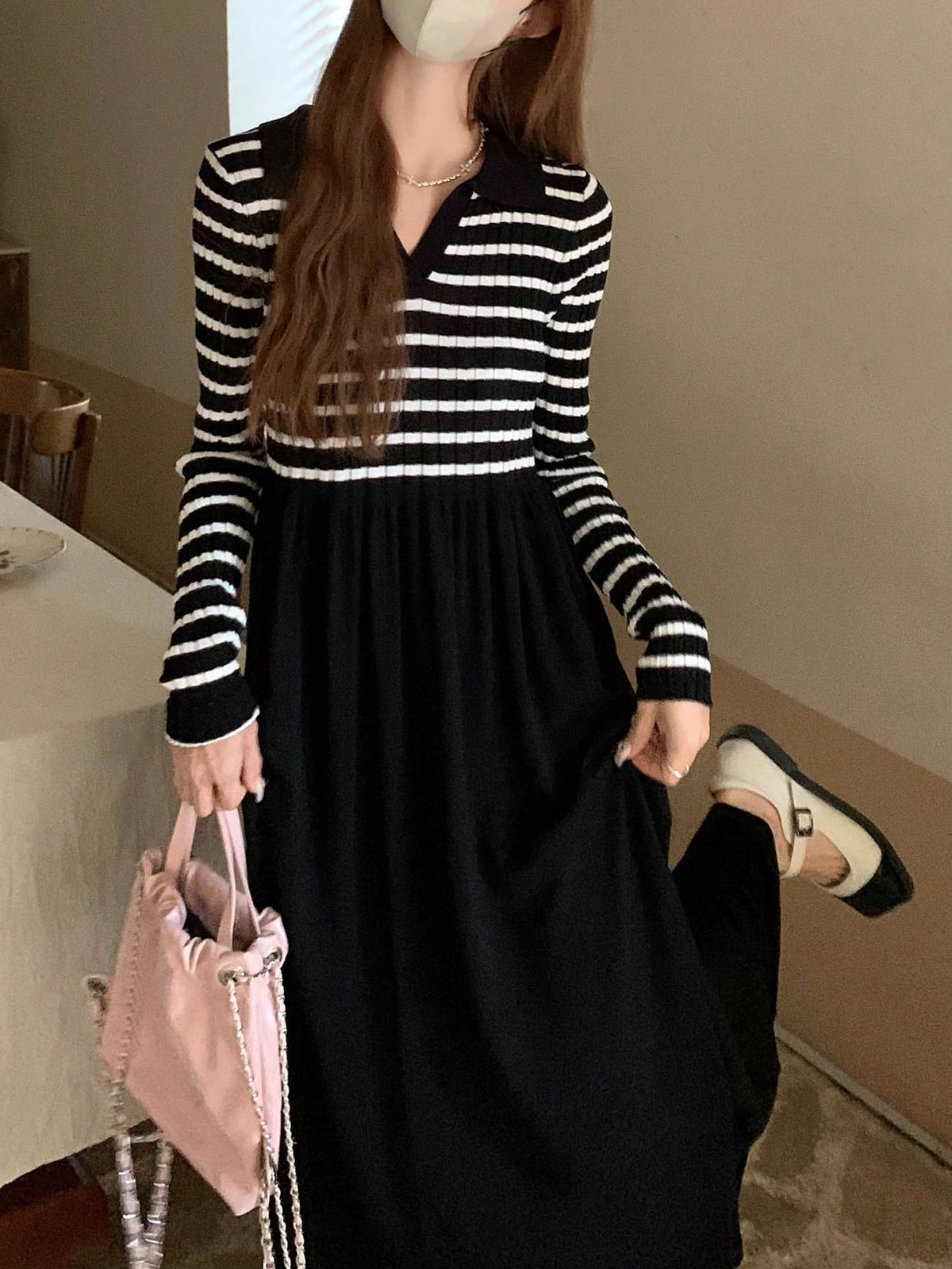 V-Collar Long Sleeve Striped Dress