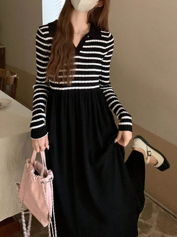 V-Collar Long Sleeve Striped Dress