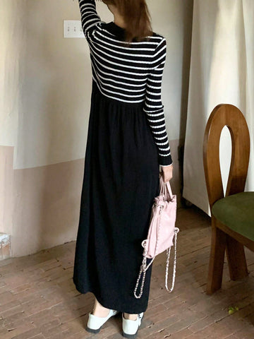 V-Collar Long Sleeve Striped Dress