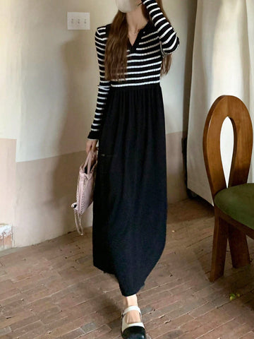V-Collar Long Sleeve Striped Dress