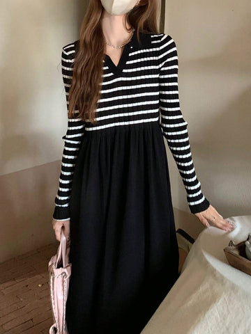 V-Collar Long Sleeve Striped Dress