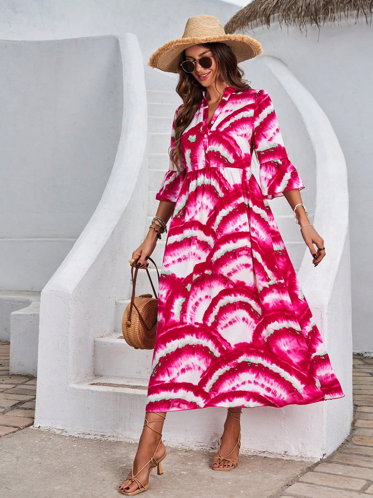 V-Neck Allover Printed Swing Midi Dress With Flare Sleeves