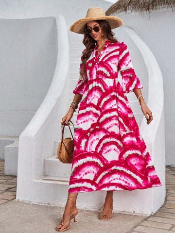 V-Neck Allover Printed Swing Midi Dress With Flare Sleeves