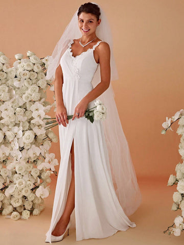 V-Neck Appliques Split Thigh Wedding Dres