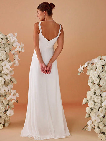 V-Neck Appliques Split Thigh Wedding Dres