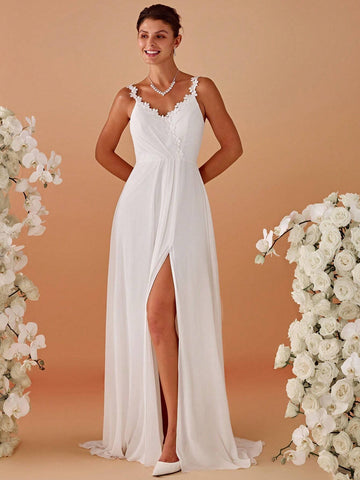V-Neck Appliques Split Thigh Wedding Dres
