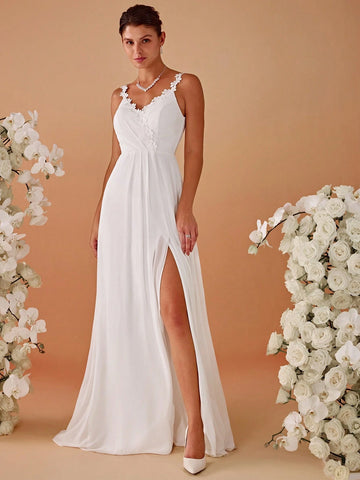 V-Neck Appliques Split Thigh Wedding Dres