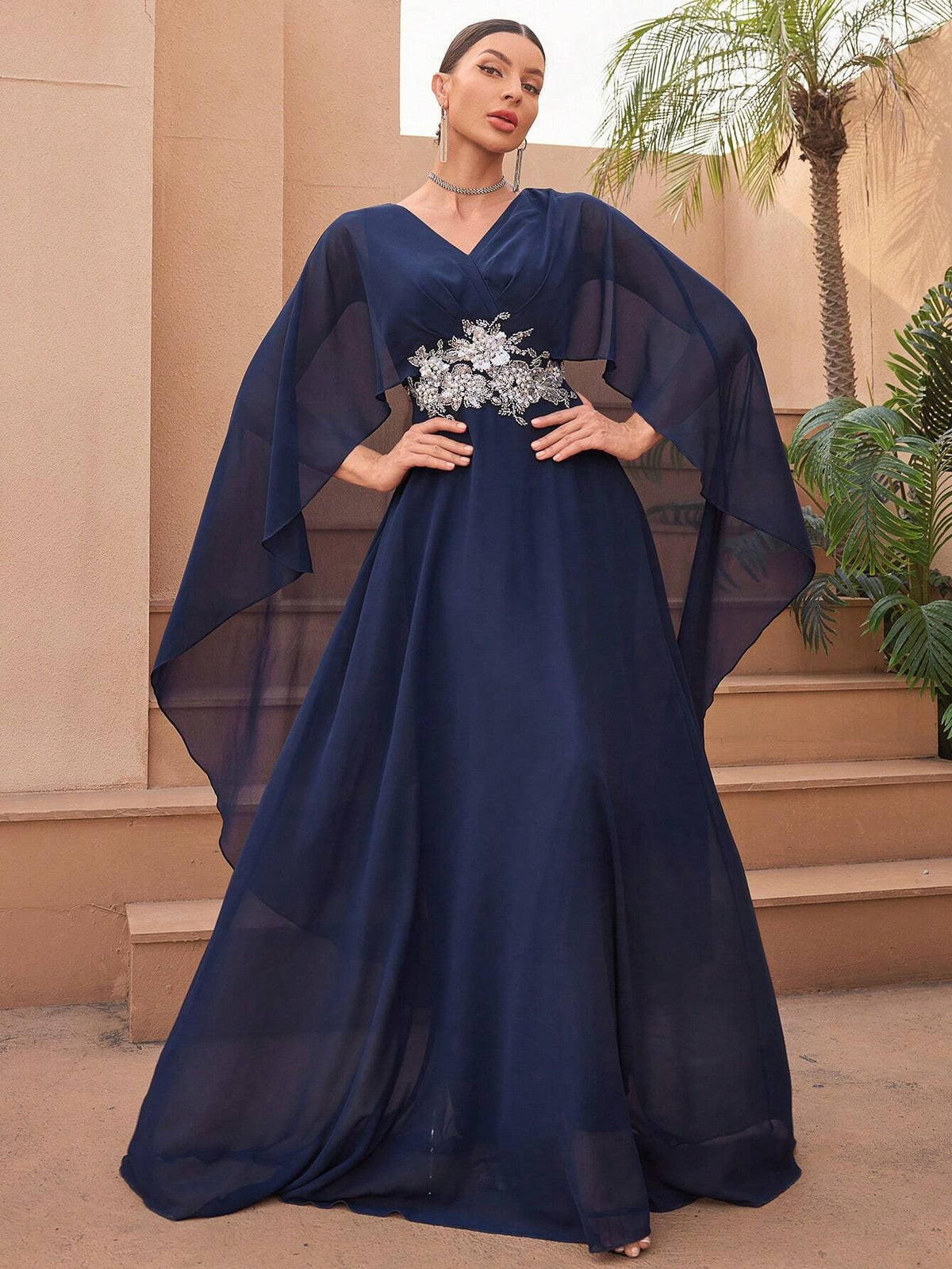 V-Neck Batwing Sleeve Embroidered And Beaded Formal Dress