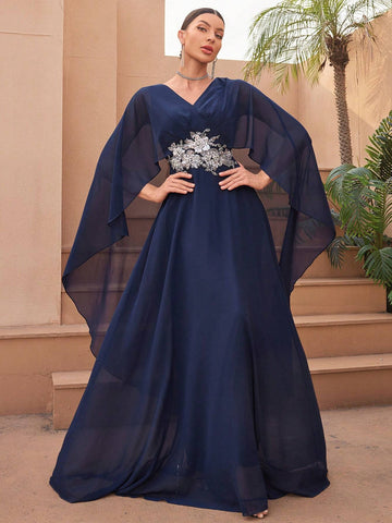 V-Neck Batwing Sleeve Embroidered And Beaded Formal Dress