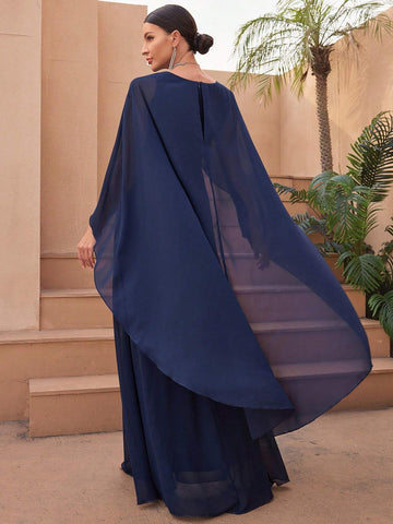 V-Neck Batwing Sleeve Embroidered And Beaded Formal Dress