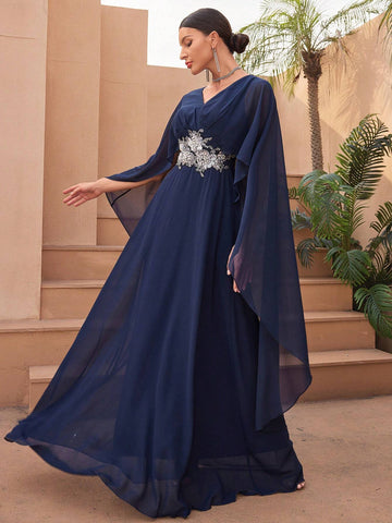 V-Neck Batwing Sleeve Embroidered And Beaded Formal Dress