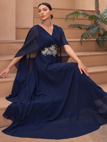 V-Neck Batwing Sleeve Embroidered And Beaded Formal Dress