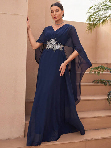 V-Neck Batwing Sleeve Embroidered And Beaded Formal Dress