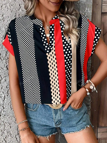 V-Neck Batwing Sleeve Polka Dot And Striped Print Blouse