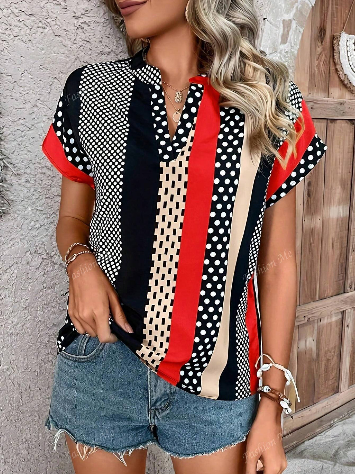 V-Neck Batwing Sleeve Polka Dot And Striped Print Blouse